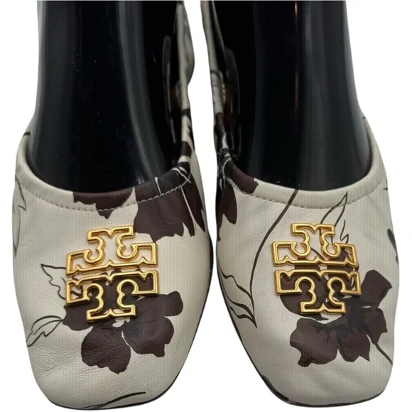 TORY‎ BURCH Women's Cream/Brown Leather Elastic Britten Ballet Flats Size 7.5